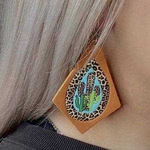 Leopard Cactus Drop Earrings Western Boho Leather